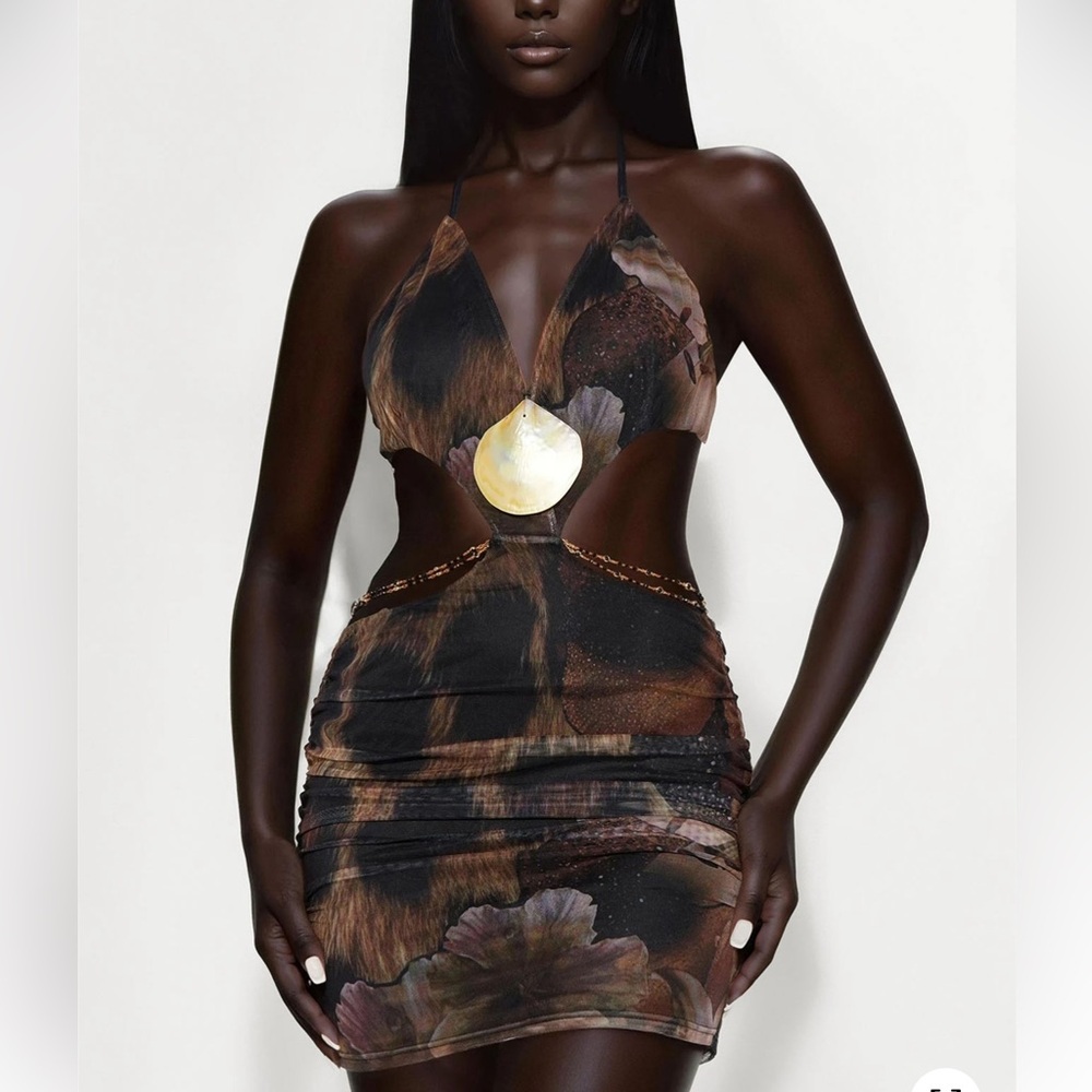 Fashion Nova Brown Floral Halter Cutout Mini Dress